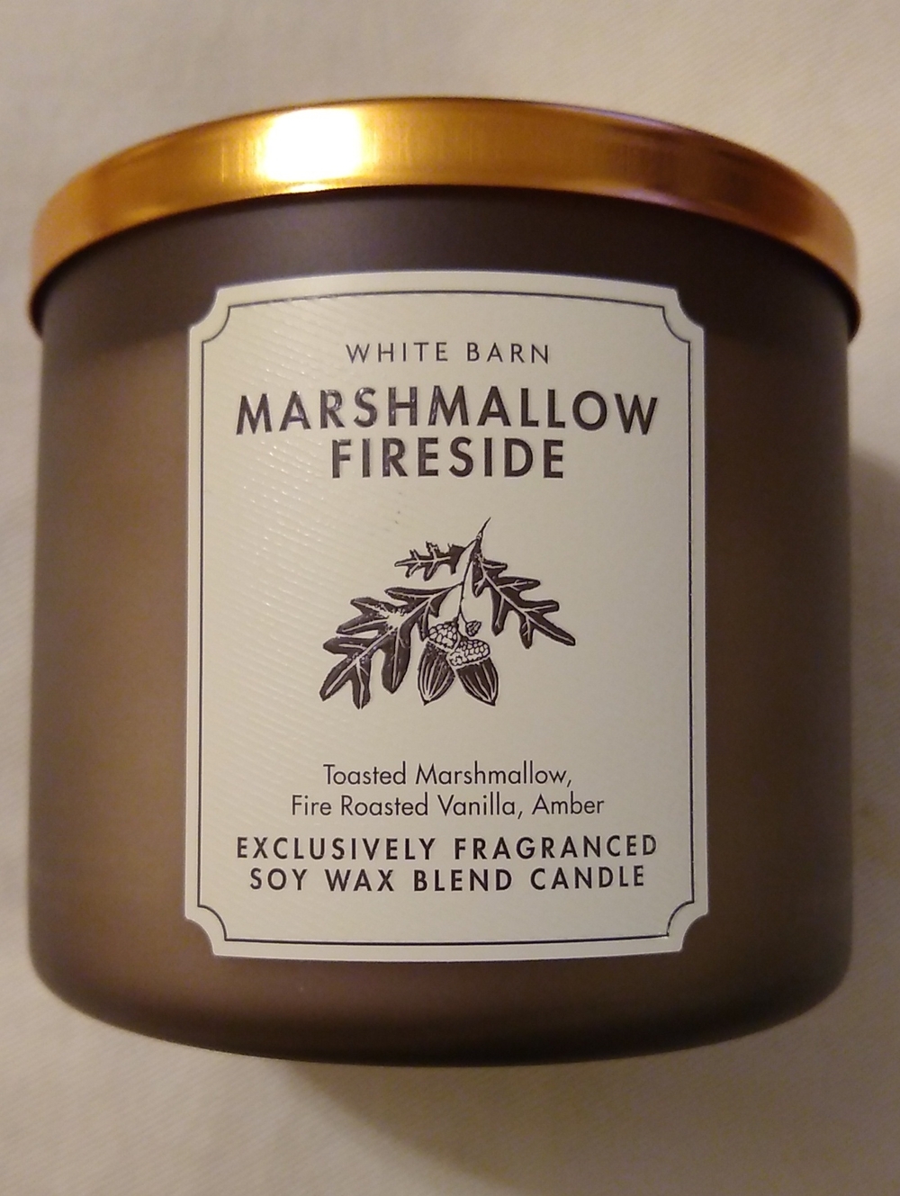 White Barn Marshmallow Fireside Candle in Brown with Gold Lid